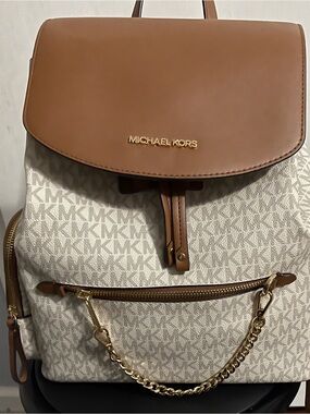 Michael Kors Cream MK Monogram Backpack with Brown Leather Flap